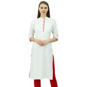 Phagun Pamuk Düz Kurti Tasarımcı Tunik Mandarin Yaka Etnik Günlük Kurta Beyaz Kadın Bluz