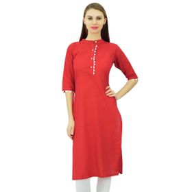 Phagun Pamuk Düz Kurti Tasarımcı Tunik Mandarin Yaka Etnik Günlük Kurta Kırmızı Kadın Bluz