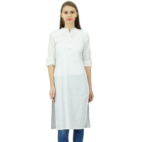 Phagun Pamuk Düz Kurti Tunik Mandarin Yaka Etnik Günlük Kurta Beyaz Kadın Bluz