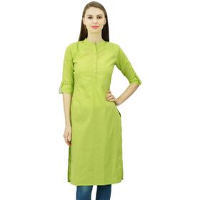 Phagun Pamuk Düz Kurti Tunik Mandarin Yaka Etnik Günlük Kurta Limon Yeşili Kadın Bluz