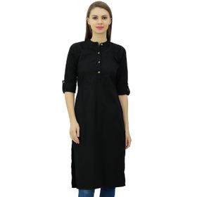 Phagun Pamuk Düz Kurti Tunik Mandarin Yaka Etnik Günlük Kurta Siyah Kadın Bluz