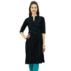 Phagun Pamuk Düz Pintex Kurta Kurti Günlük Yaz Hint Etnik Siyah Kadın Tunik