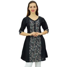 Phagun Pamuk Hint Etnik 3/4 Kol Yaz Kurta Siyah Kadın Tunik