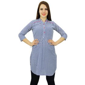 Phagun Pamuk Puantiyeli Baskı Kurti Etnik Tasarımcı Kurta Günlük Beyaz Mavi Kadın Elbise