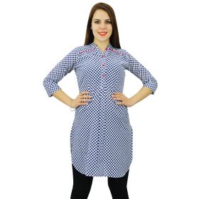 Phagun Pamuk Puantiyeli Baskı Kurti Etnik Tasarımcı Kurta Günlük Beyaz Mavi Kadın Elbise