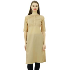 Phagun Pamuk Tasarımcı Kurta Etnik Üst Hint Düz Kurti Bej Kadın Tunik