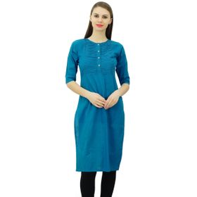 Phagun Pamuk Tasarımcı Kurta Etnik Üst Hint Düz Kurti Cam Göbeği Mavisi Kadın Tunik