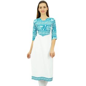 Phagun Pamuk Tasarımcı Kurta Tunik Etnik 3/4 Kol Kurta Beyaz Kadın Tunik