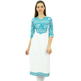 Phagun Pamuk Tasarımcı Kurta Tunik Etnik 3/4 Kol Kurta Beyaz Kadın Tunik