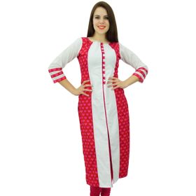 Phagun Pamuklu Kurti Etnik Kalp Baskılı Tasarımcı Kurta Günlük Kırmızı Beyaz Kadın Elbise