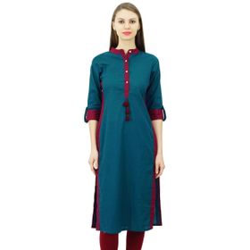 Phagun Pamuklu Özel Yakalı Kurta Resmi Günlük Tunik Cam Göbeği Mavisi Kadın Bluz