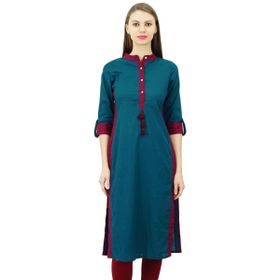Phagun Pamuklu Özel Yakalı Kurta Resmi Günlük Tunik Cam Göbeği Mavisi Kadın Bluz