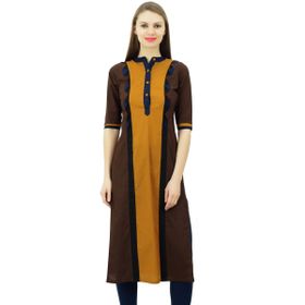 Phagun Pamuklu Tunik Üst Düz Kurta Günlük Yazlık Çin Yakalı Kahverengi ve Ocher Sarısı Kadın Bluz