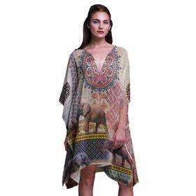 Phagun Plaj Kaftan Bikini Örtü Midi Kısa Kaftan Açık Pembe Kadın Elbise