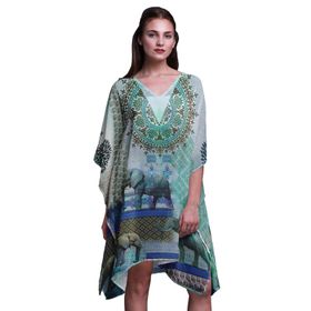 Phagun Plaj Kaftan Bikini Örtü Midi Kısa Kaftan Akuamarin Yeşili Kadın Elbise