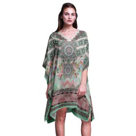 Phagun Plaj Kaftan Bikini Örtü Midi Kısa Kaftan Deniz Yeşili Kadın Elbise