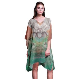 Phagun Plaj Kaftan Bikini Örtü Midi Kısa Kaftan Deniz Yeşili Kadın Elbise