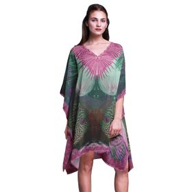 Phagun Plaj Kaftan Bikini Örtü Midi Kısa Kaftan Pembe Kadın Elbise