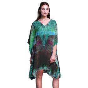 Phagun Plaj Kaftan Bikini Örtü Midi Kısa Kaftan Turkuaz Yeşil Kadın Elbise