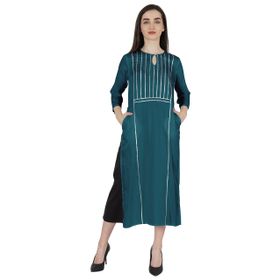 Phagun Rayon Gota Patti Uzun Tasarımcı Kurti Hint Etnik Katı Kurta Camgöbeği Yeşili Kadın Elbise
