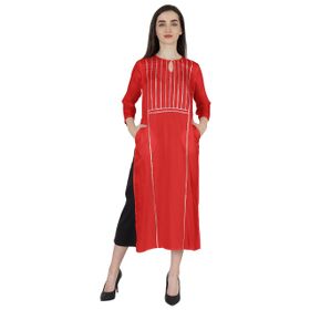 Phagun Rayon Gota Patti Uzun Tasarımcı Kurti Hint Etnik Katı Kurta Kırmızı Kadın Elbise