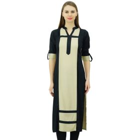 Phagun Suni İpek Düz Panelli Kurta Günlük Yazlık Tunik Siyah ve Bej Kadın Bluz