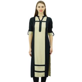 Phagun Suni İpek Düz Panelli Kurta Günlük Yazlık Tunik Siyah ve Bej Kadın Bluz