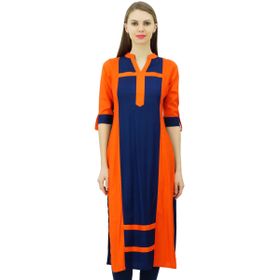 Phagun Suni İpek Düz Panelli Kurta Günlük Yazlık Tunik Turuncu ve Mavi Kadın Bluz