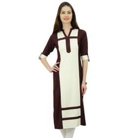 Phagun Suni İpek Düz Pannel Kurta Kurti 3/4 Kollu Günlük Yazlık Tunik Beyaz ve Kahverengi Kadın Bluz