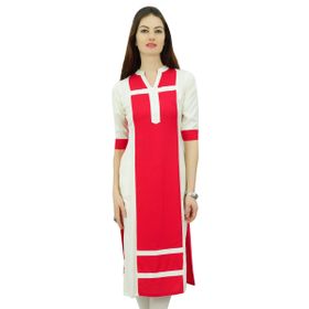 Phagun Suni İpek Düz Pannel Kurta Kurti 3/4 Kollu Günlük Yazlık Tunik Beyaz ve Somon Kadın Bluz