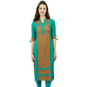 Phagun Suni İpek Düz Pannel Kurta Kurti 3/4 Kollu Günlük Yazlık Tunik Camgöbeği Yeşil ve Kahverengi Kadın Bluz