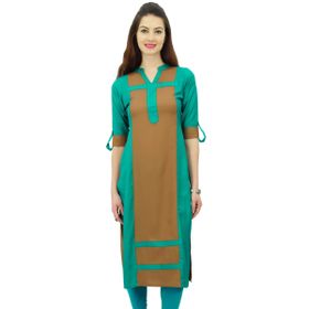 Phagun Suni İpek Düz Pannel Kurta Kurti 3/4 Kollu Günlük Yazlık Tunik Camgöbeği Yeşil ve Kahverengi Kadın Bluz