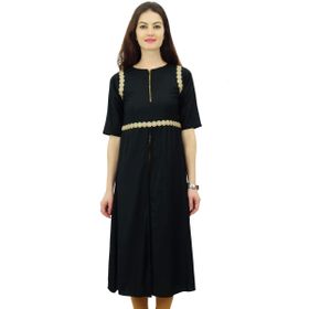 Phagun Suni İpek Kurti Dantel İş Şık Kurta Fermuarlı Ön Yırtmaçlı Siyah Kadın Tunik