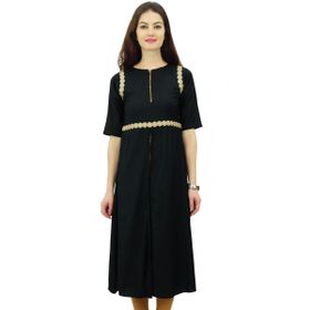 Phagun Suni İpek Kurti Dantel İş Şık Kurta Fermuarlı Ön Yırtmaçlı Siyah Kadın Tunik