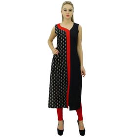 Phagun Tasarımcı Baskılı Suni İpek Düz Kurti Hint Siyah Kadın Elbise