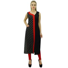 Phagun Tasarımcı Baskılı Suni İpek Düz Kurti Hint Siyah Kadın Elbise