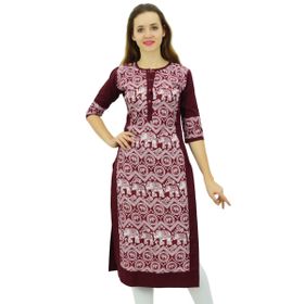Phagun Tasarımcı Düz Kurta 3/4 Kol Baskılı Günlük Kurti Bordo Kadın Elbise