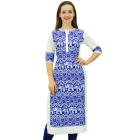 Phagun Tasarımcı Düz Kurta 3/4 Kol Baskılı Günlük Kurti Kraliyet Mavisi Kadın Elbise