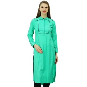 Phagun Tasarımcı Hint Suni İpek Punjabi Kurta Etnik Düz Günlük Kurti Cam Göbeği Yeşili Kadın Tunik