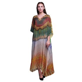 Phagun Tribal Feather Uzun Plaj Kaftan Bikini Örtü Maksi Goldenrod Kadın Elbise