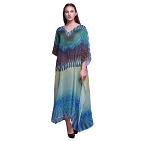Phagun Tribal Feather Uzun Plaj Kaftan Bikini Örtü Maksi Medium Mavi Kadın Elbise