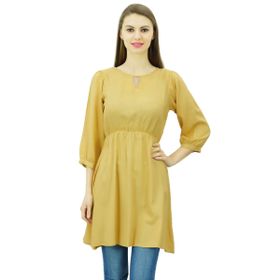 Phagun Tunik Üst Kısa Kurti Elastik Bel Hint Etnik Bej Kadın Bluz