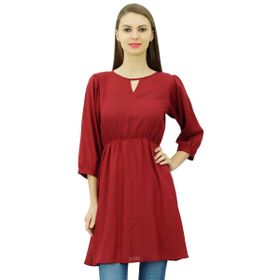 Phagun Tunik Üst Kısa Kurti Elastik Bel Hint Etnik Bordo Kadın Bluz