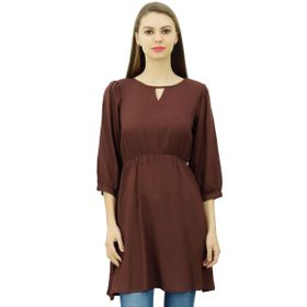 Phagun Tunik Üst Kısa Kurti Elastik Bel Hint Etnik Kahverengi Kadın Bluz