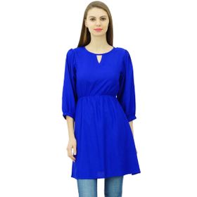 Phagun Tunik Üst Kısa Kurti Elastik Bel Hint Etnik Mavi Kadın Bluz