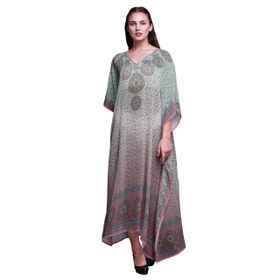 Phagun Yapraklar ve Çiçekli Etnik Kaftan Tatil Ev Giysisi Maksi Plaj Örtüsü Pembe Kadın Elbise