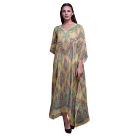 Phagun Yapraklar ve Çiçekli Etnik Kaftan Tatil Ev Giysisi Maksi Plaj Örtüsü Soluk Turuncu Kadın Elbise