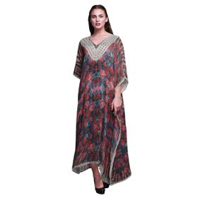 Phagun Yapraklar ve Gül Çiçekli Uzun Plaj Kaftan Bikini Örtü Maksi Kan Kırmızısı Kadın Elbise