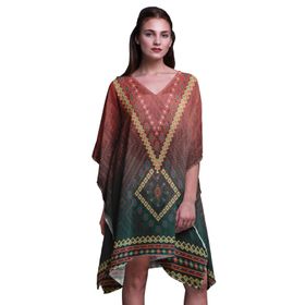 Phagun Yeşil Aztek Geometrik Kısa Plaj Kaftan Bikini Örtü Midi Elma Kırmızı Kadın Elbise