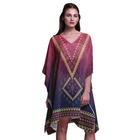 Phagun Yeşil Aztek Geometrik Kısa Plaj Kaftan Bikini Örtü Midi Macenta Kadın Elbise